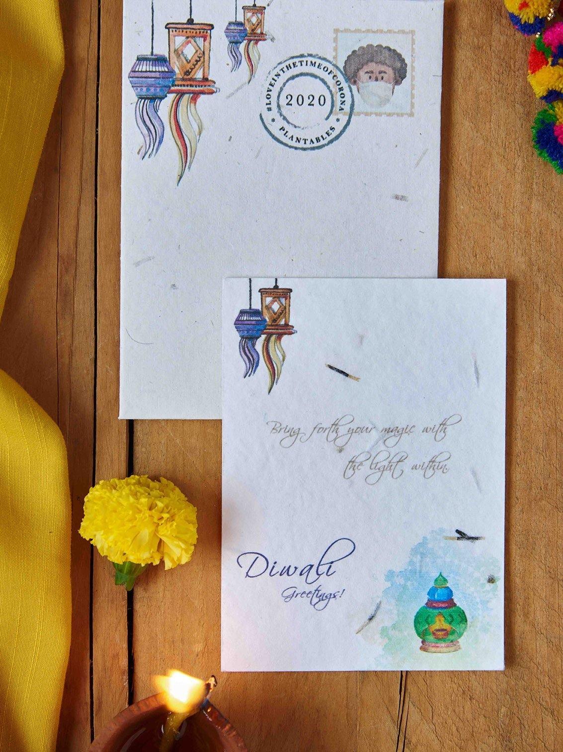  Seed paper diwali message card  with lanterns and Diya's designs