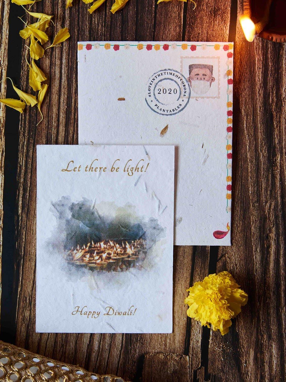  Diwali greeting card with a water colour of temple diyas